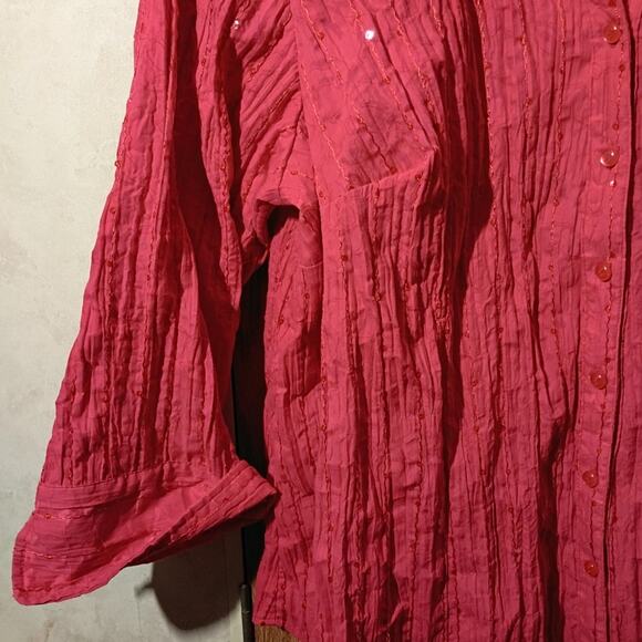 JM Collection Sequin Crinkle Top 24W Berry Red Textured Dressy Blouse Curvy - Picture 3 of 8